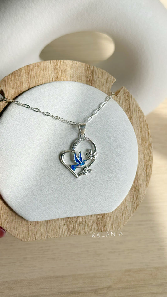 CADENA CORAZÓN COLIBRÍ FLORES PLATA 925