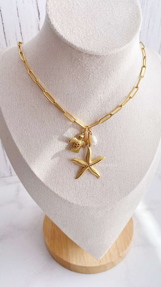 CADENA DORADA CON ESTRELLA TORTUGA PIEDRA RIO NATURAL ACERO INOXIDABLE