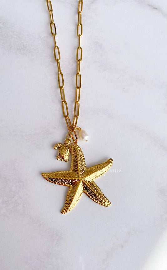 CADENA DORADA CON ESTRELLA MAR TORTUGA PIEDRA RIO NATURAL ACERO INOXIDABLE