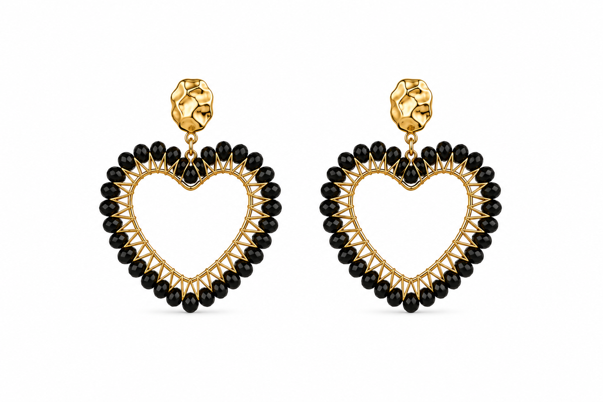 AROS TEJIDOS CORAZÓN NEGRO DORADO 5.5 CM