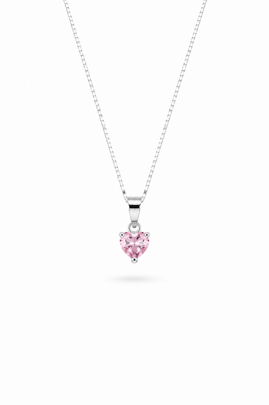 CADENA CORAZÓN CIRCÓN ROSADO PUNTO DE LUZ PLATA 925