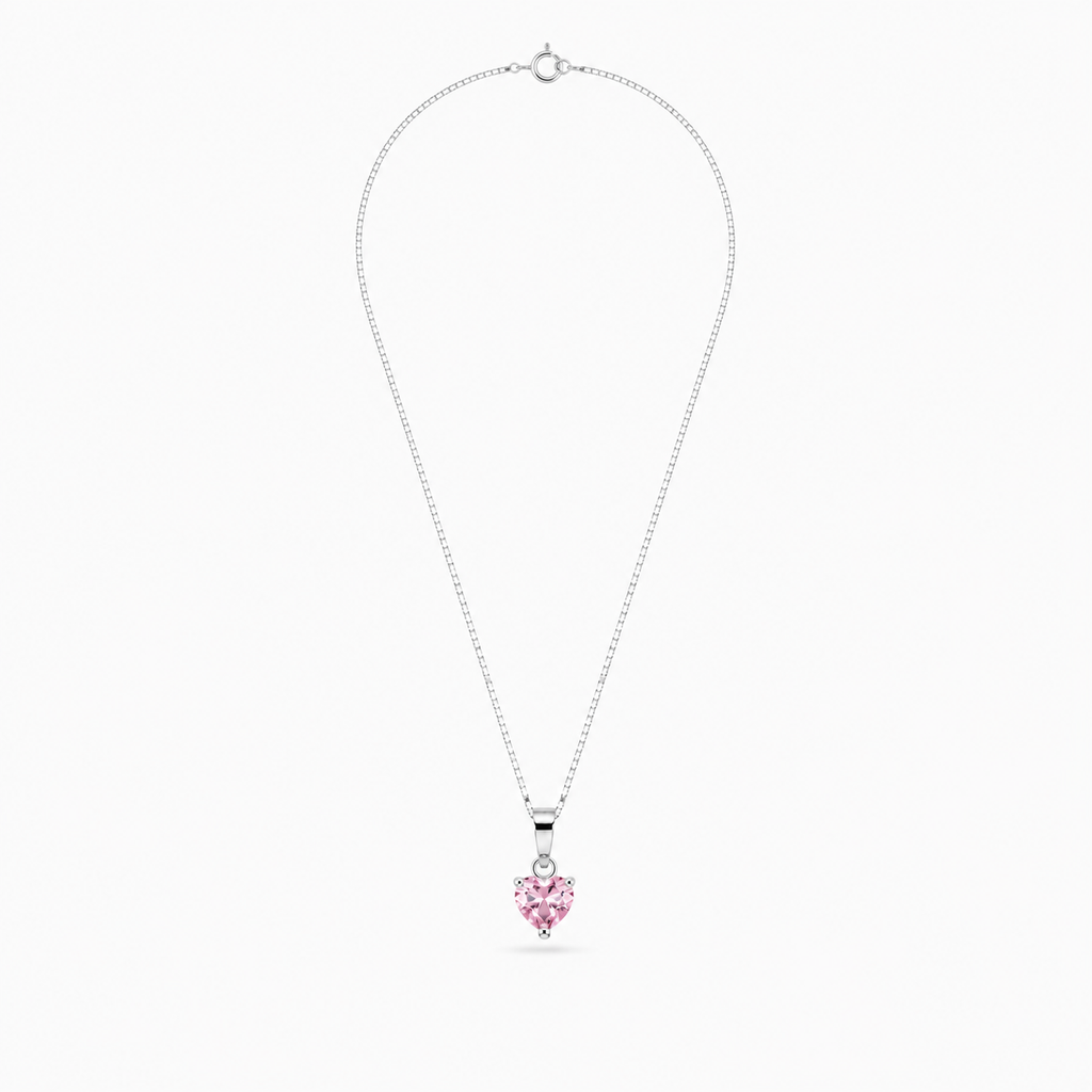 CADENA CORAZÓN CIRCÓN ROSADO PUNTO DE LUZ PLATA 925