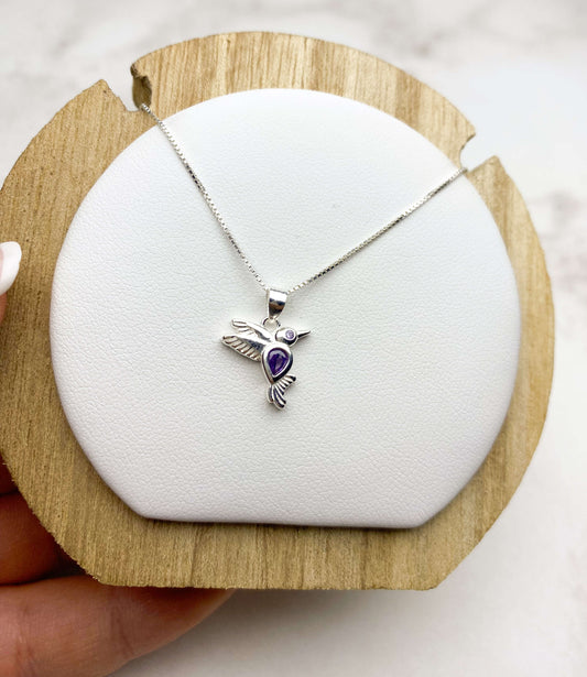 CADENA COLIBRÍ CIRCÓN MORADO PLATA 925