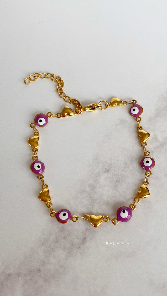 PULSERA OJOS MORADO CORAZÓN DORADO ACERO INOXIDABLE