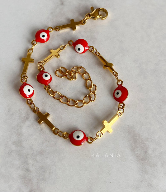 PULSERA OJOS ROJO CRUZ DORADO ACERO INOXIDABLE