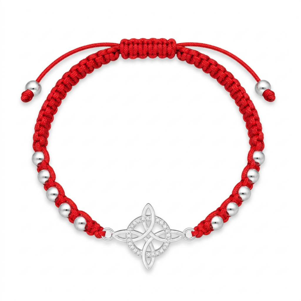 Pulsera roja Nudo de Brujas con esferas plateadas y cristales sobre fondo blanco