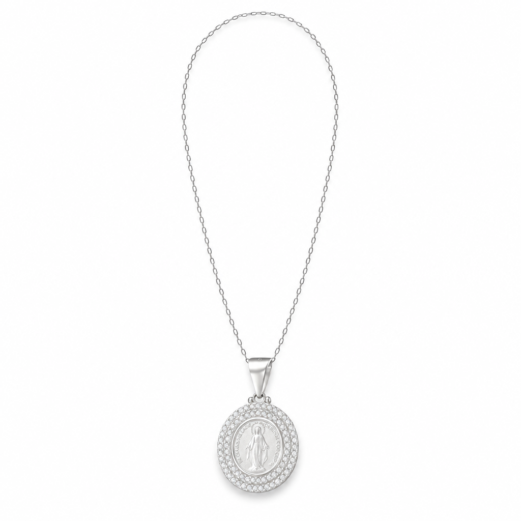 Collar completo de plata con colgante Virgen de los Rayos Milagrosa y circones sobre fondo blanco