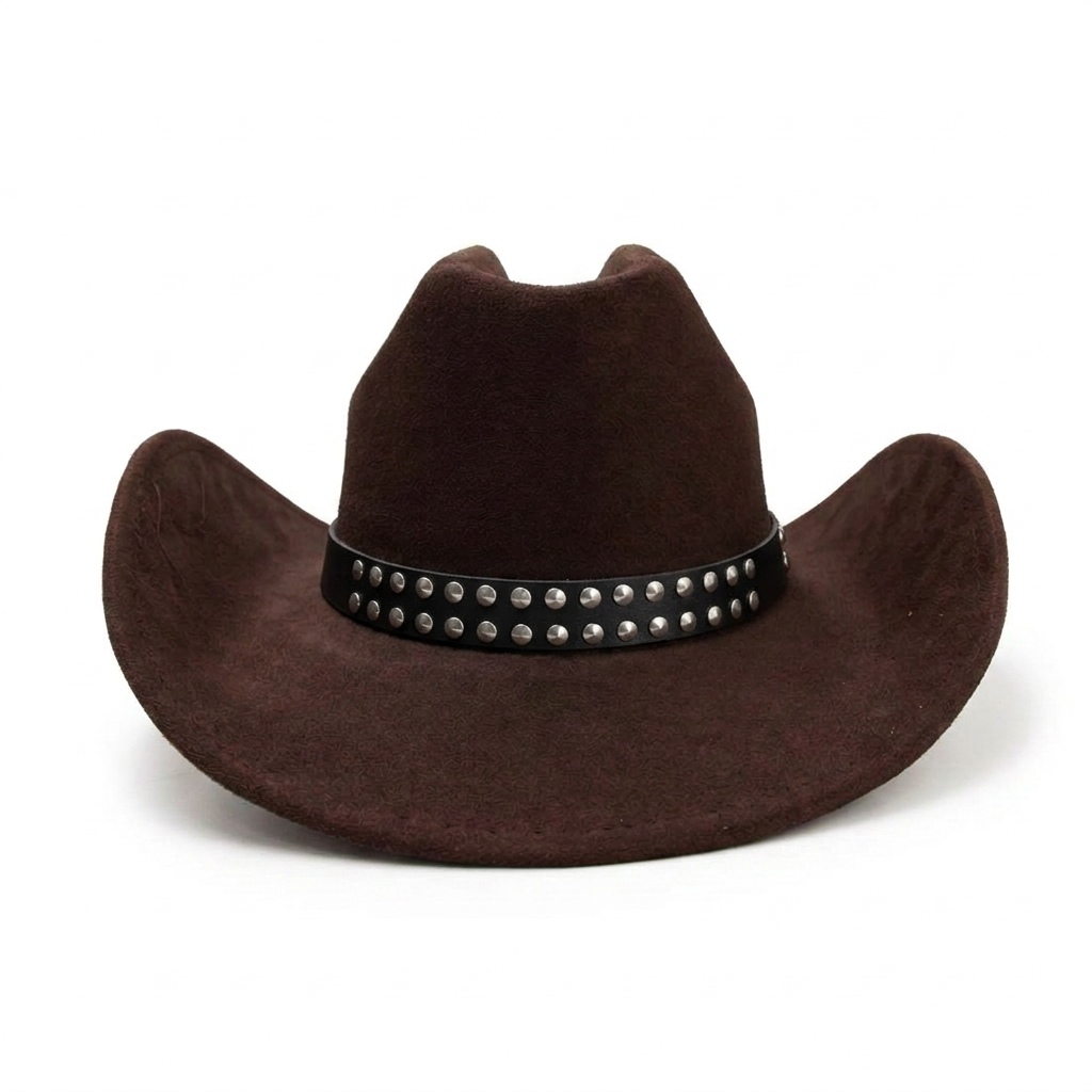 Vista frontal del sombrero café oscuro con tachas