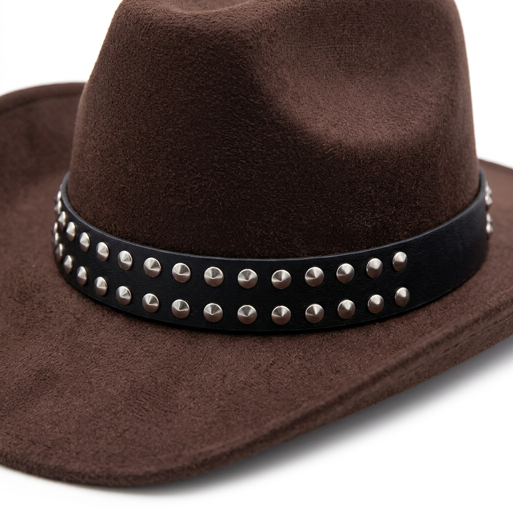 Detalle de cinta negra con tachas plateadas en sombrero café oscuro
