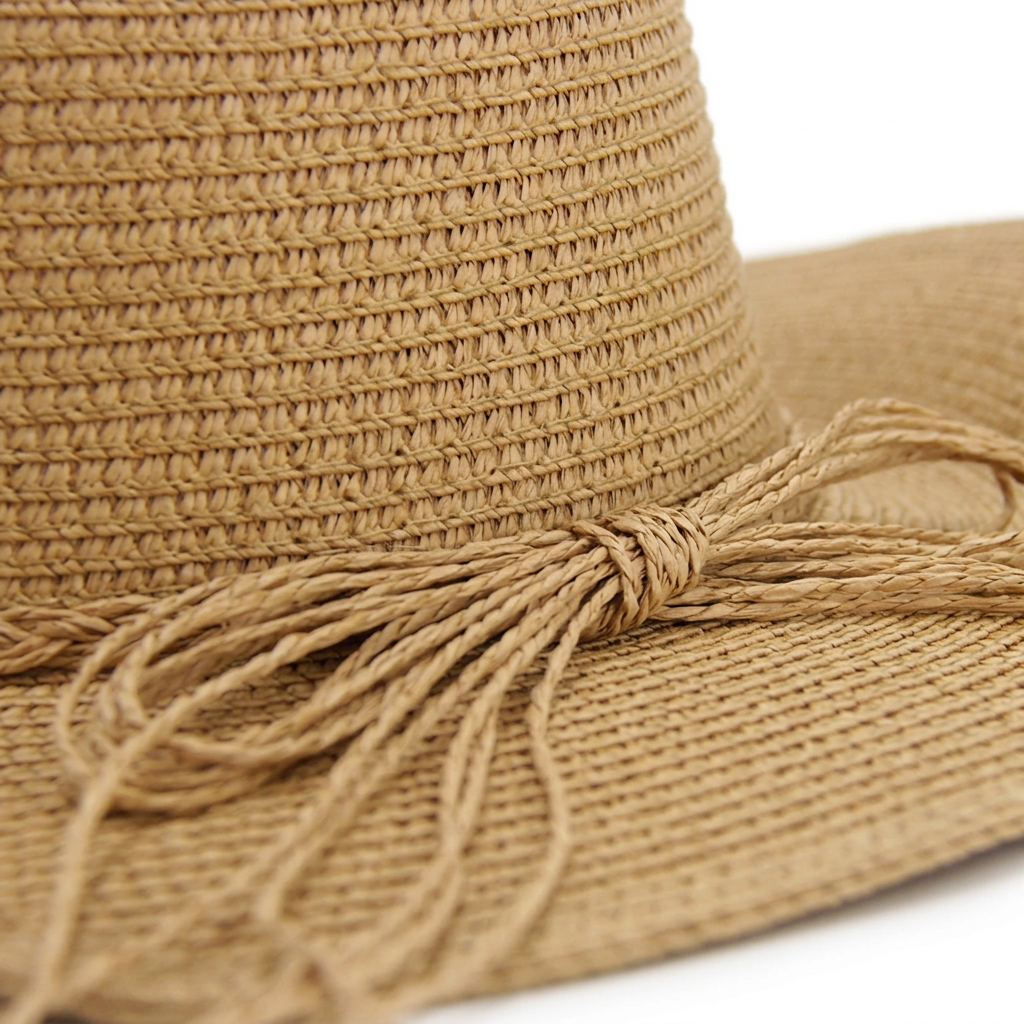 Detalle del lazo del sombrero beige con fondo blanco