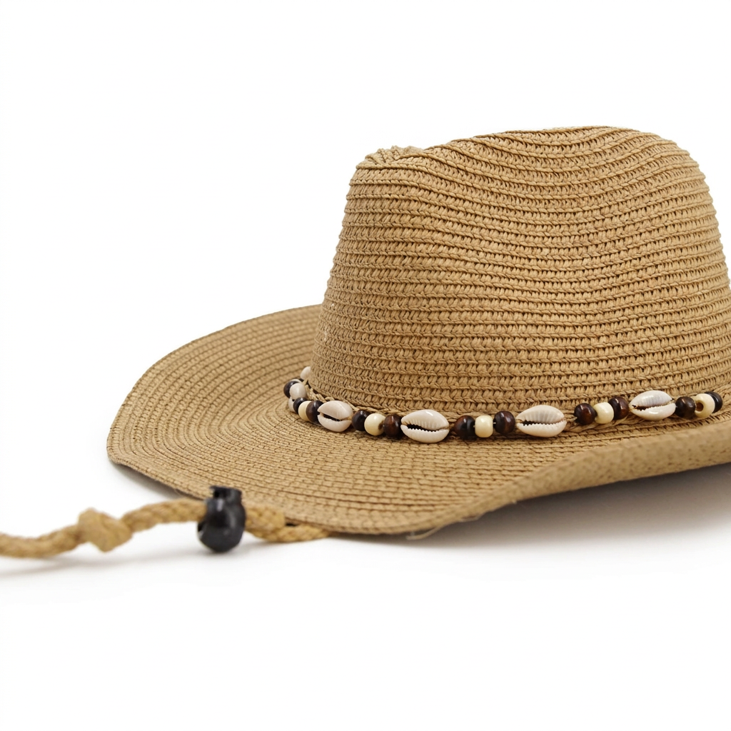 Sombrero beige con conchas y cordón sobre fondo blanco