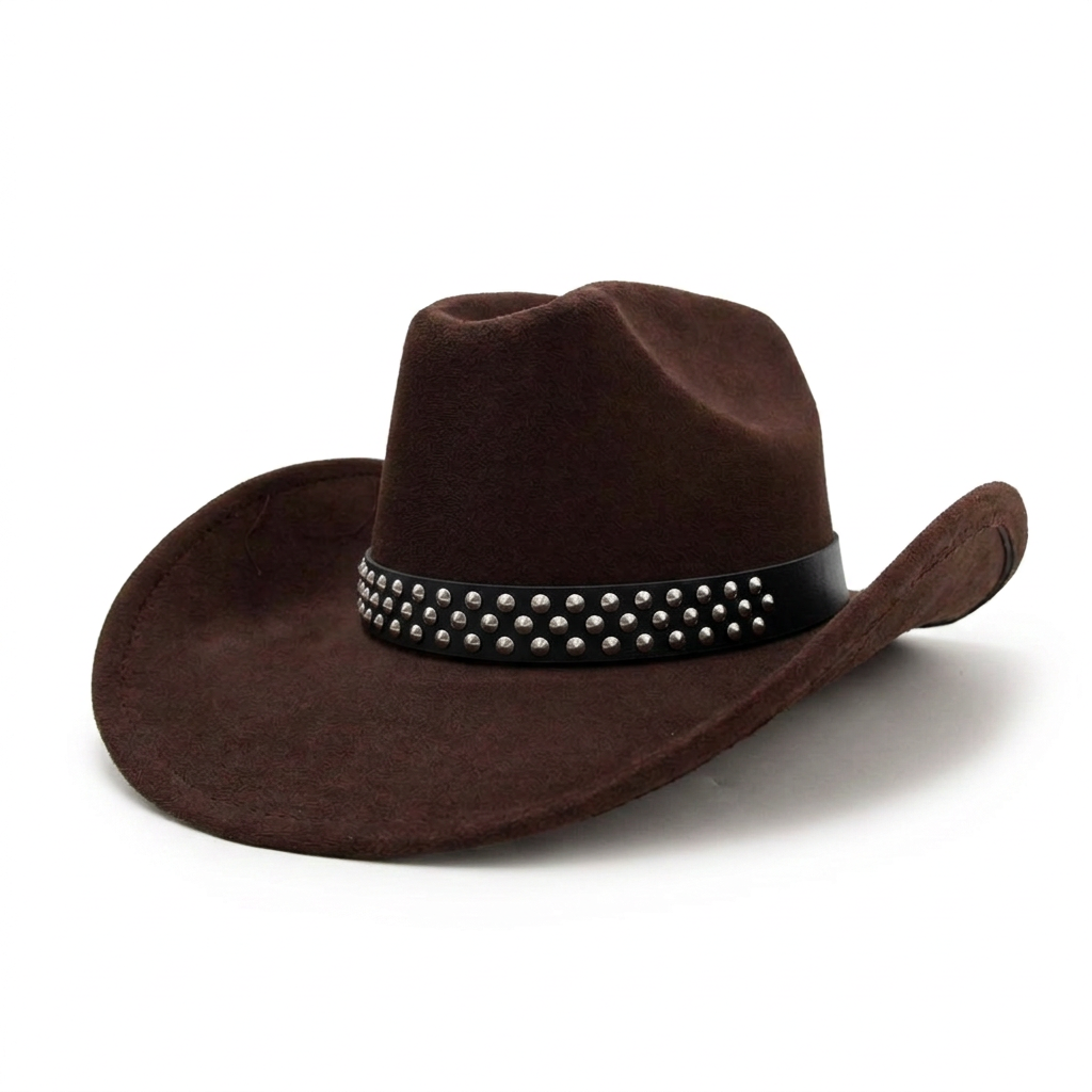 Sombrero café oscuro con cinta negra y tachas en ángulo