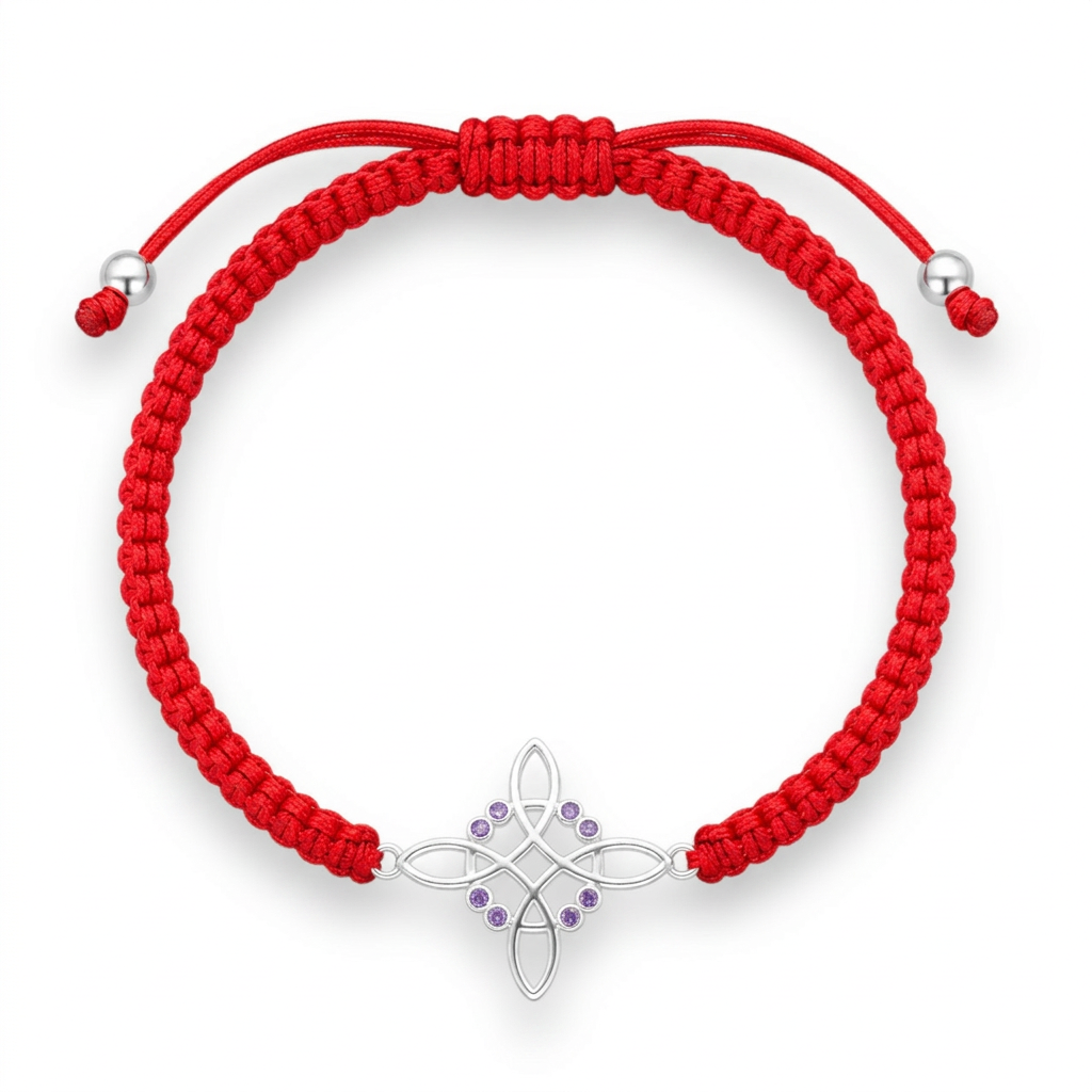 Pulsera roja Nudo de Bruja con circones amatista y detalles plateados sobre fondo blanco