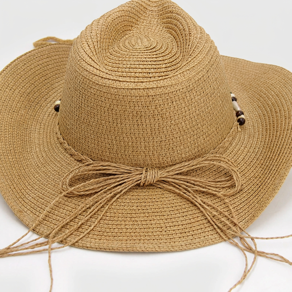 Vista posterior del sombrero beige con conchas sobre fondo blanco