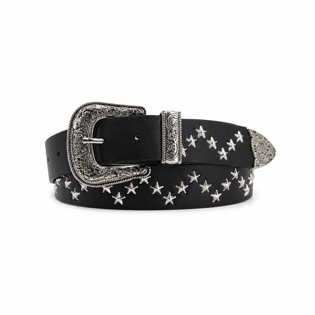 Cinturón negro estrellas plateado fondo blanco 4