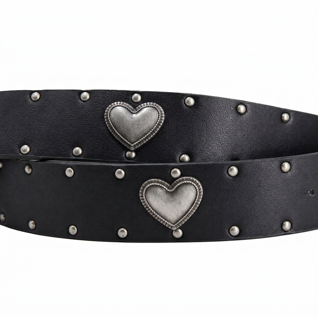 Detalle de corazones y remaches plateados del cinturón negro