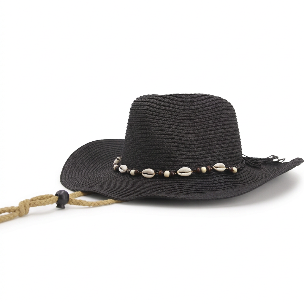 Sombrero negro con conchas y cordón sobre fondo blanco