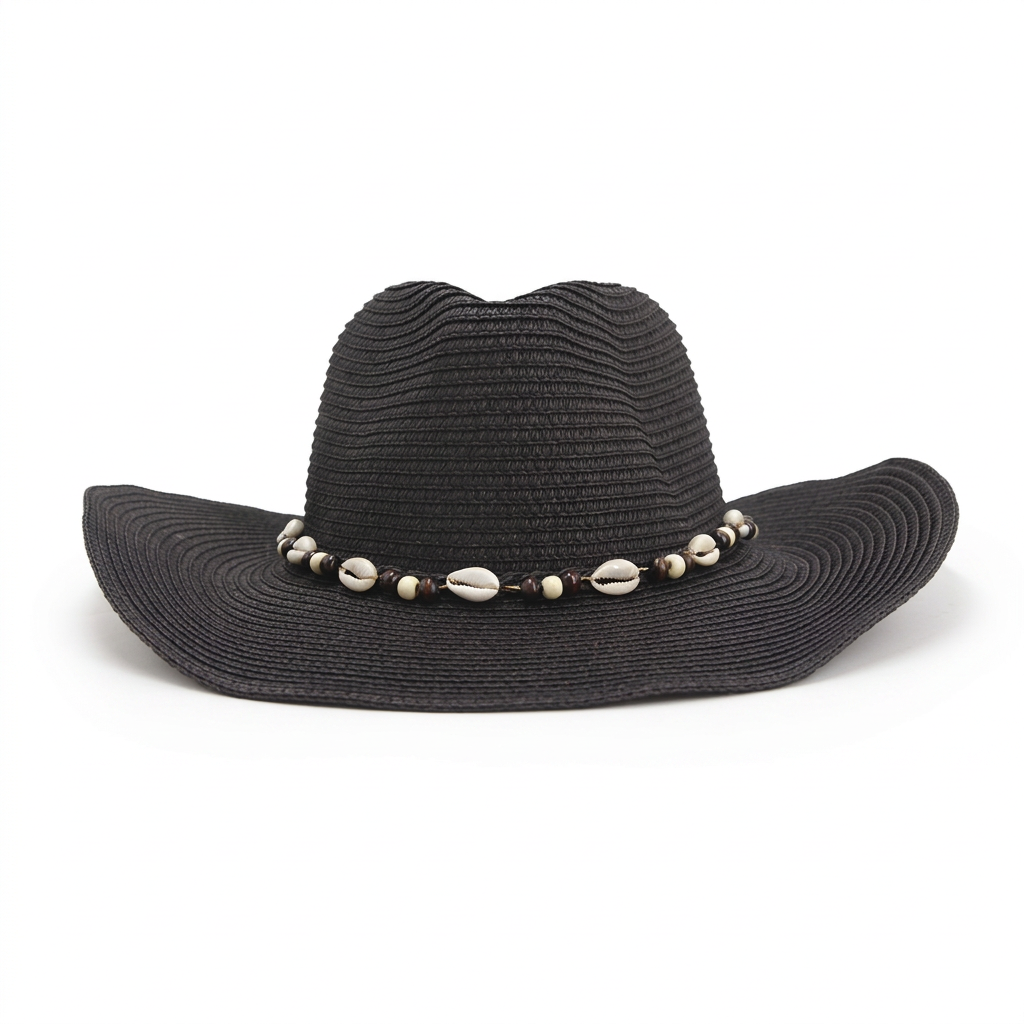 Vista frontal del sombrero negro con conchas sobre fondo blanco
