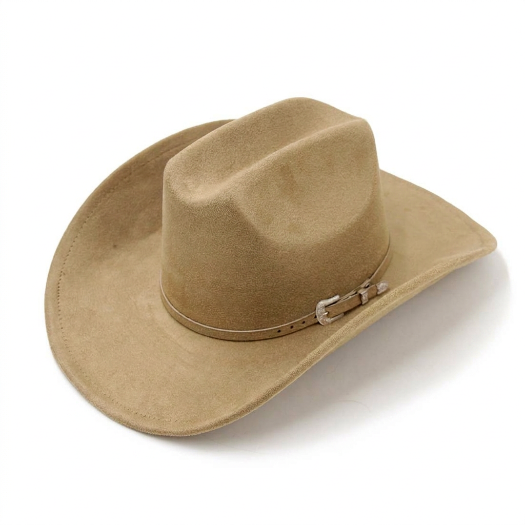 Vista superior del sombrero beige con fondo blanco