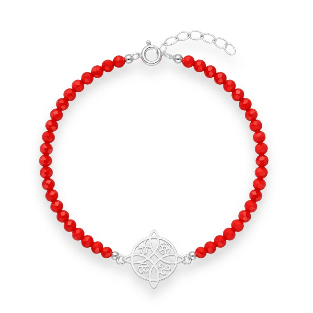Pulsera roja Nudo de Bruja con cristales y detalles plateados sobre fondo blanco