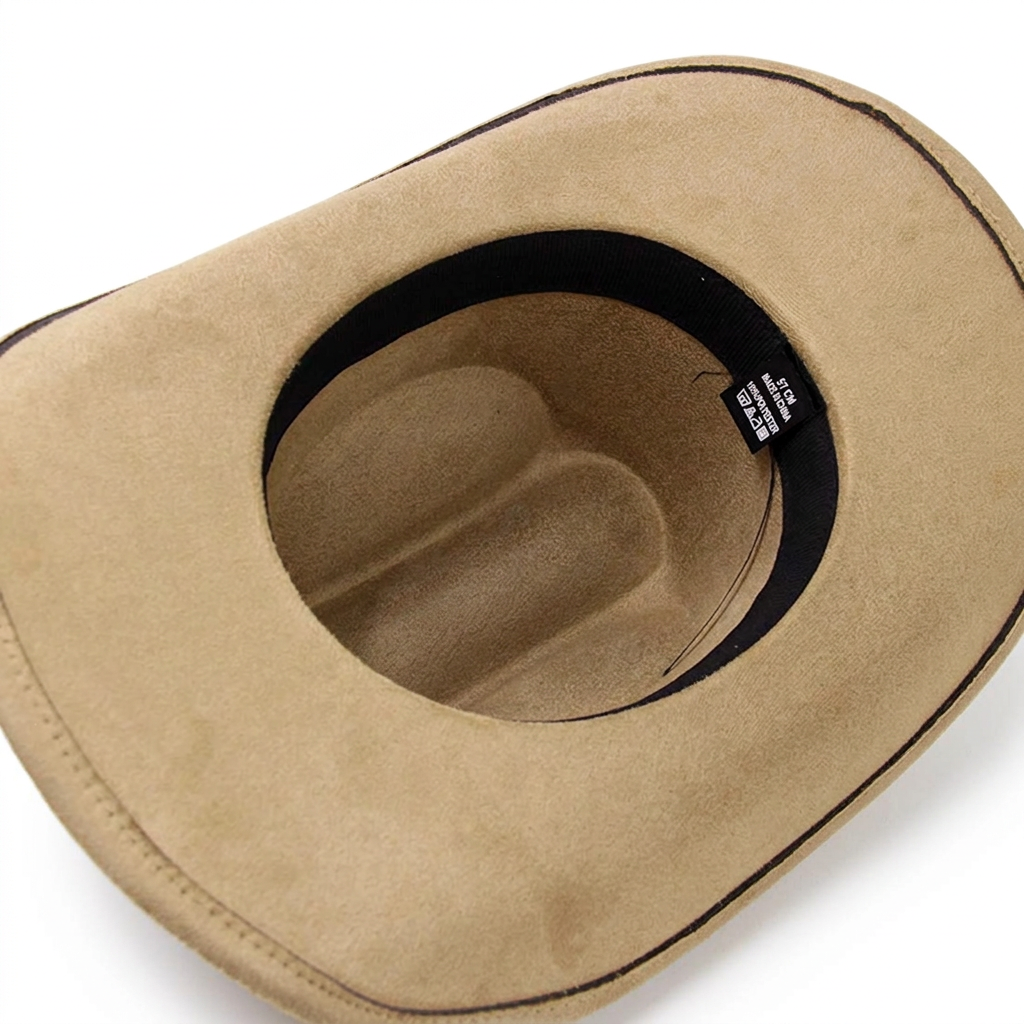 Interior del sombrero beige con fondo blanco