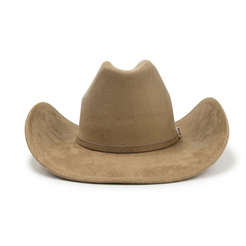 Vista frontal del sombrero beige con fondo blanco