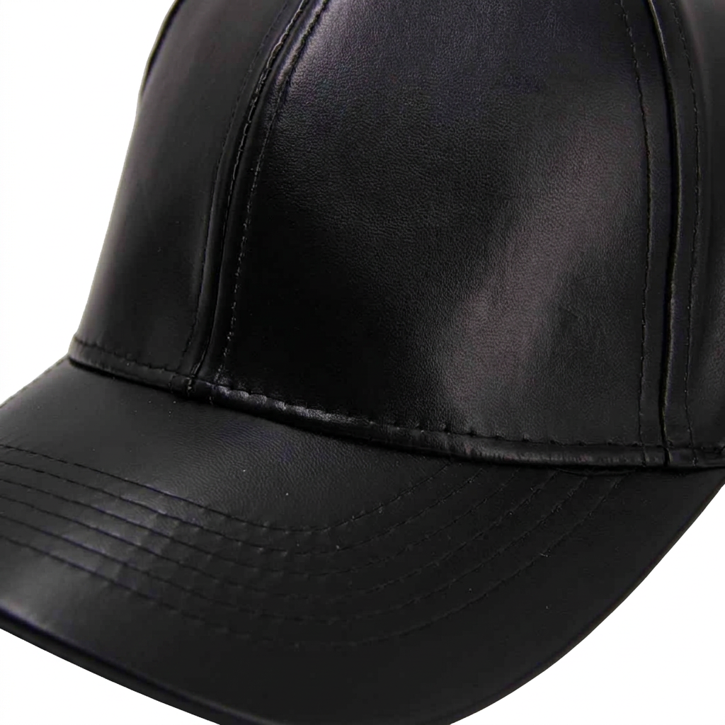 Detalle de la textura y costuras del jockey de cuerina negro sobre fondo blanco