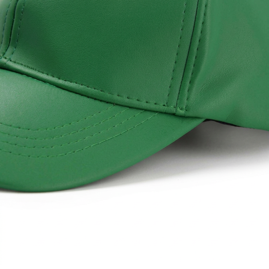 Detalle de la cuerina y costuras del jockey verde sobre fondo blanco