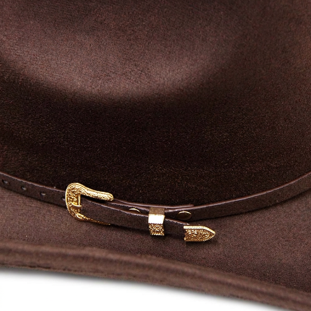Detalle de la hebilla del sombrero café oscuro con fondo blanco