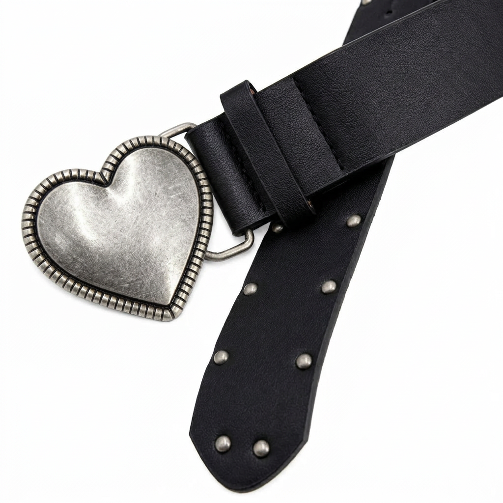 Cinturón negro con hebilla de corazón plateada sobre fondo blanco