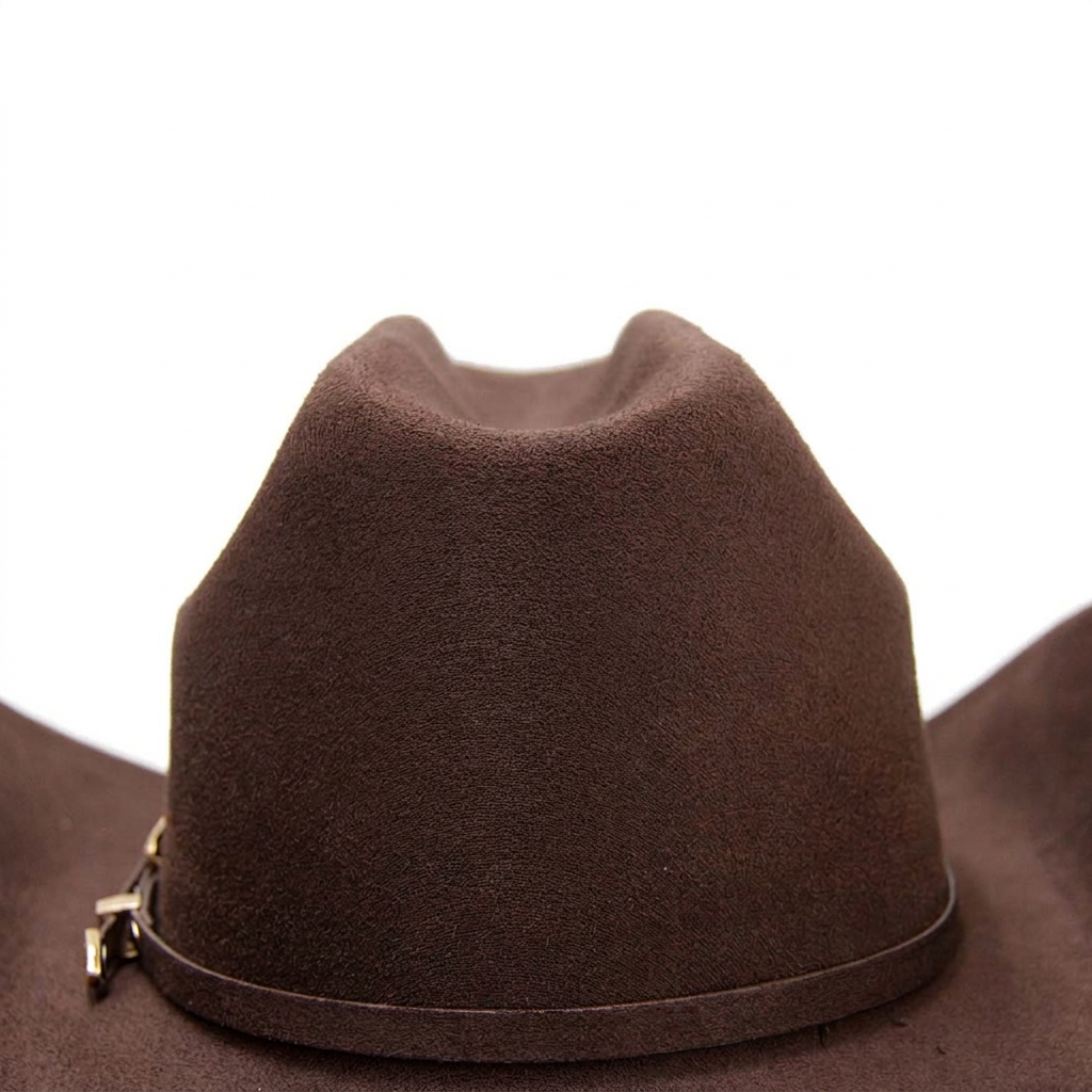 Detalle de la copa del sombrero café oscuro con fondo blanco