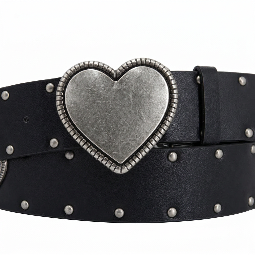 Detalle de la hebilla de corazón plateada del cinturón negro