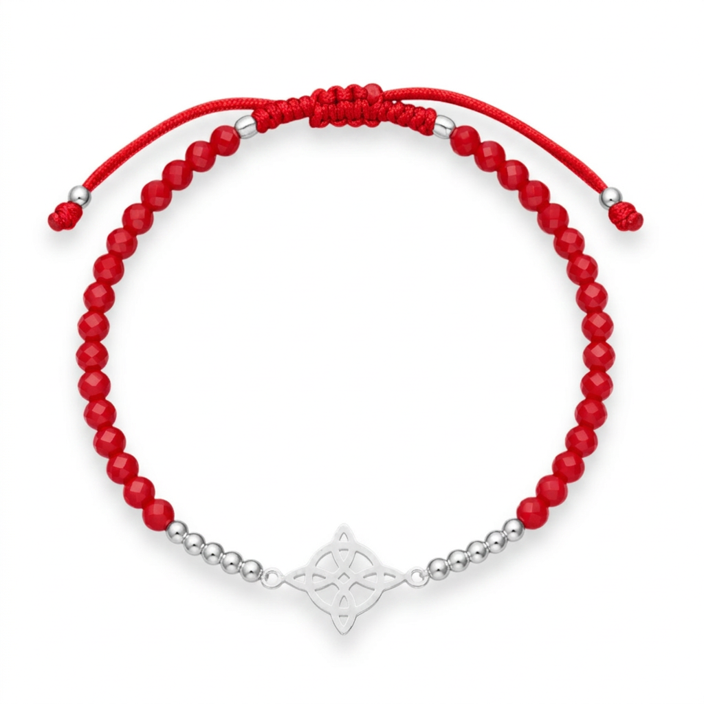 Pulsera roja Nudo de Brujas con cristales y detalles en plata 925 sobre fondo blanco
