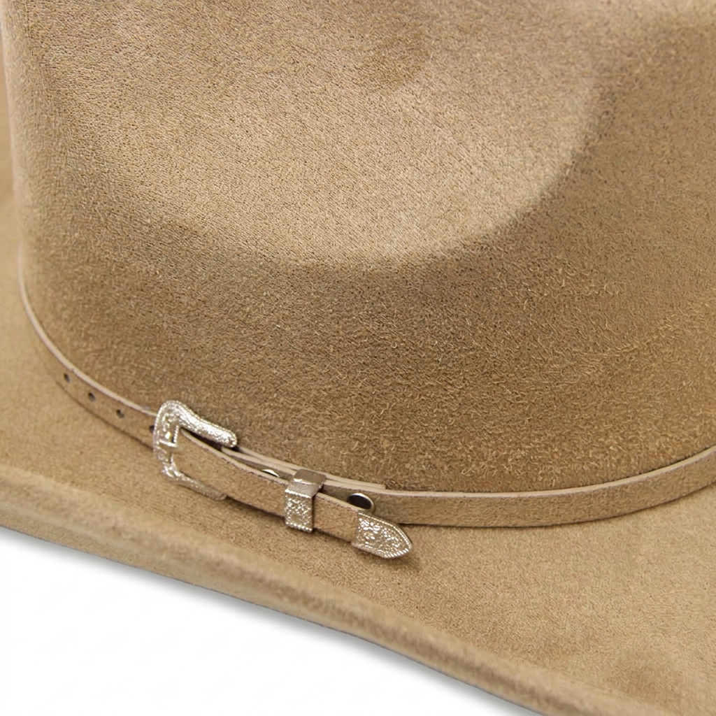 Detalle de la hebilla del sombrero beige con fondo blanco