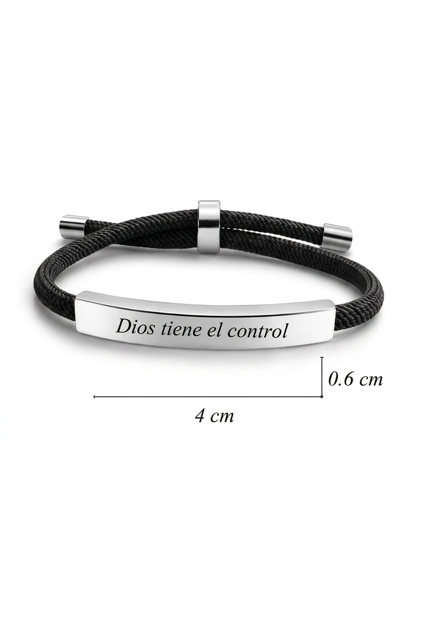 Pulsera personalizada plateada con hilo negro y medidas