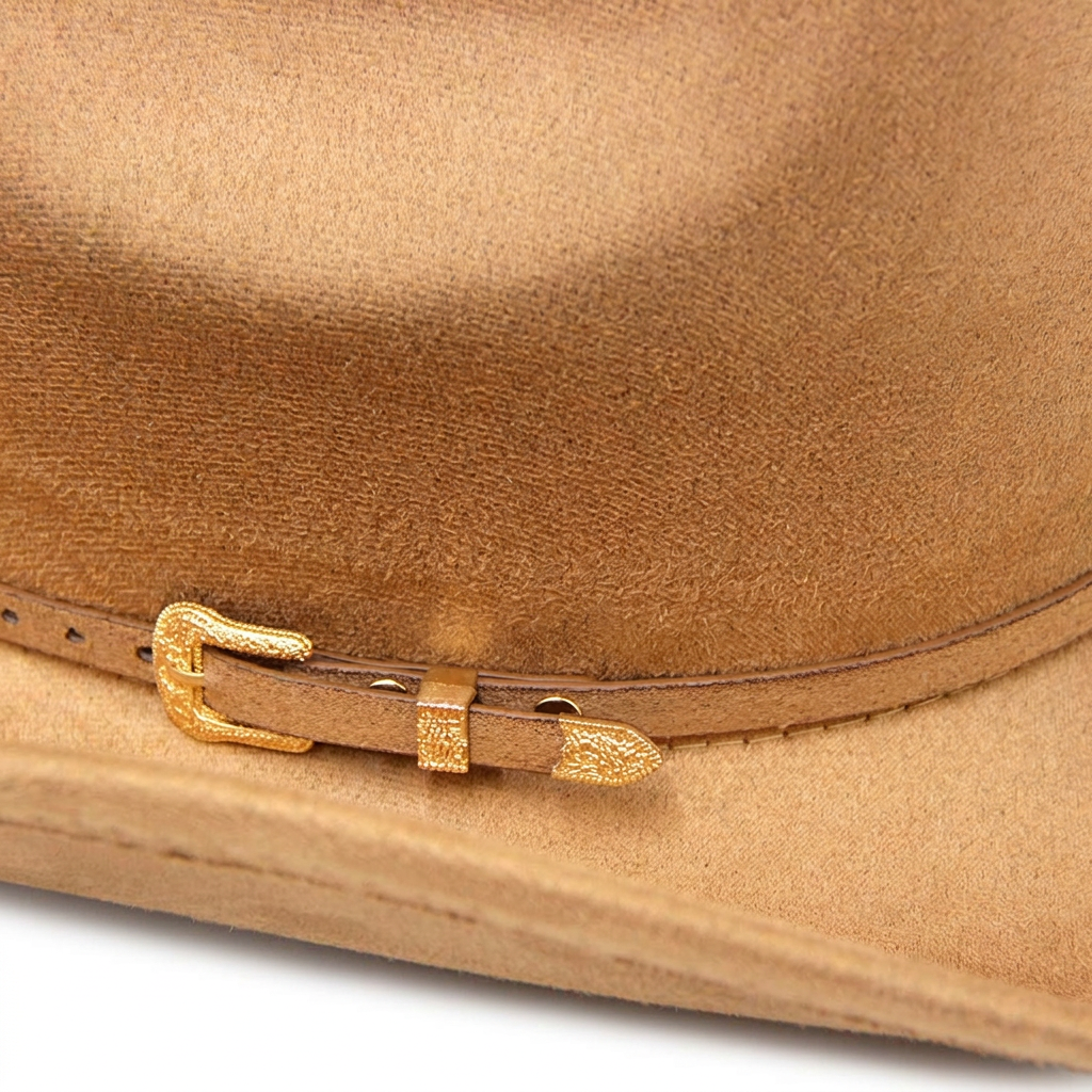 Detalle de la hebilla del sombrero Café II con fondo blanco