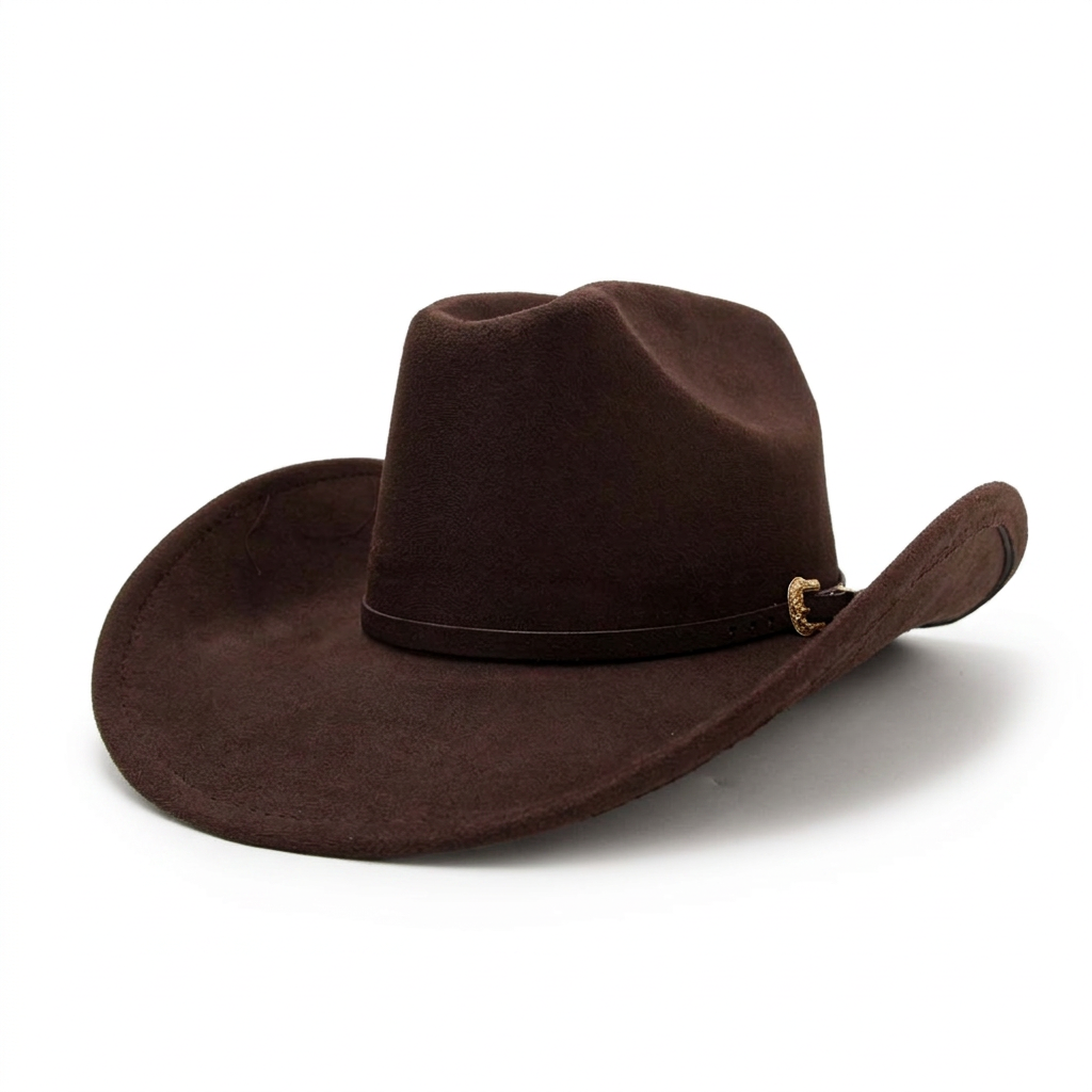 Sombrero café oscuro en ángulo con fondo blanco