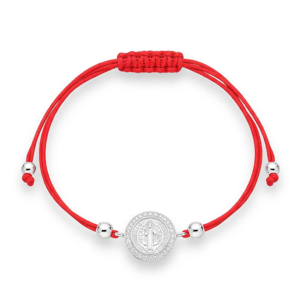 Pulsera roja San Benito con esferas plateadas y circones sobre fondo blanco
