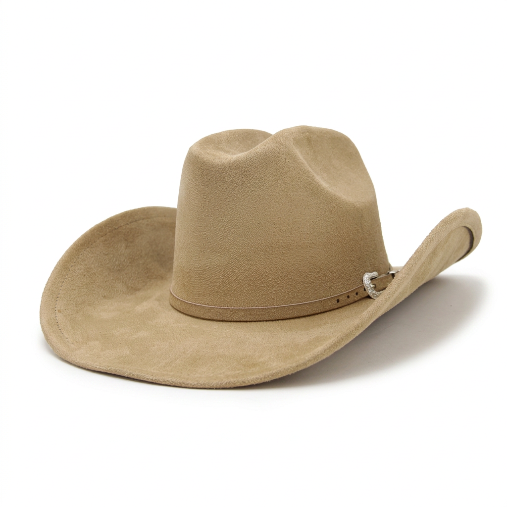 Sombrero beige en ángulo con fondo blanco